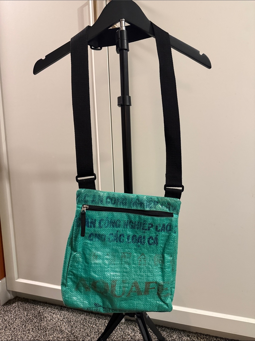 Gecko Traders Recycled Rice Sack Crossbody Bag Aqua Cambodia Adjustable Strap